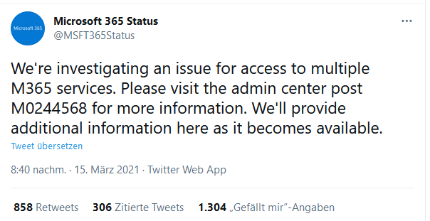 Twitter Message by Microsoft 365 Status